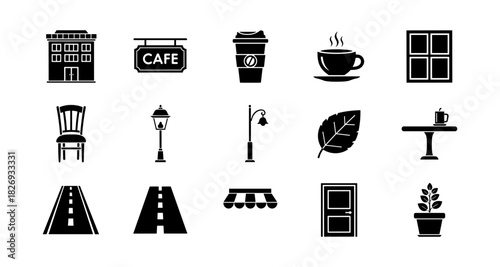 Diverse city elements in black and white silhouette style