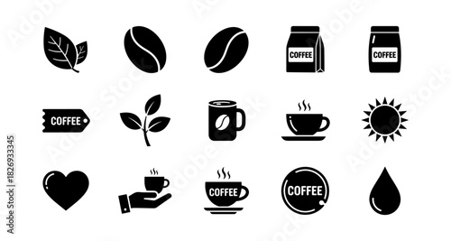 Coffee icons set: silhouettes of beans, cups, and leaves for cafes