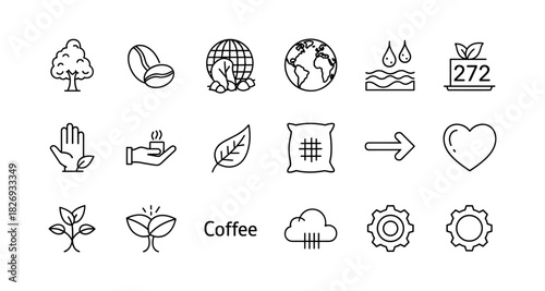 Eco-friendly organic coffee icons: nature, harvest, and sustainability elements