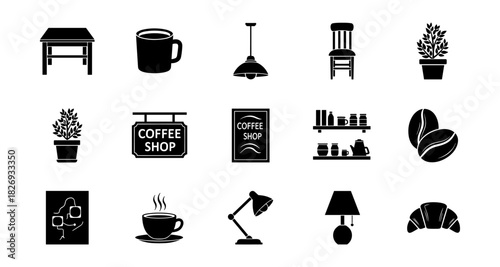 Stylish café icons: silhouette set of coffee, furniture, and decor elements