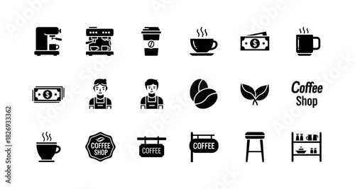 Coffee shop icons: barista, espresso, coffee beans, signage, minimalistic design
