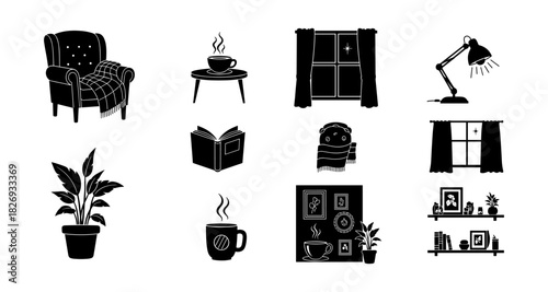 Cozy home silhouette icons featuring furniture, curtains, and plants in minimalist style