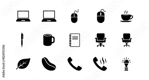 Essential office items silhouette collection: technology, comfort, creativity, and nature