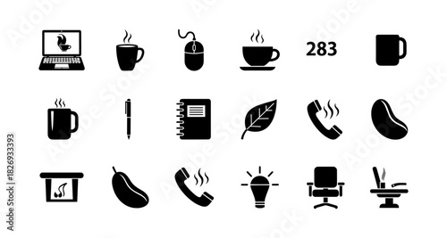 Minimalist icons: coffee, office items, and nature elements in silhouette style