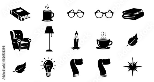 Cozy winter icons: silhouette set with books, tea, and warm atmosphere