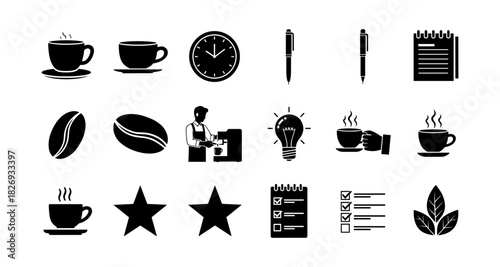 Coffee and productivity icons: cafe, work, and creativity elements in black silhouette style