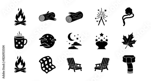 Cozy bonfire and autumn elements silhouette collection