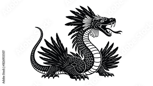 Detailed black feathered dragon with open mouth and tongue out, fantasy creature with wings and tail, mythical beast, vector illustration, flat style, sticker design, isolated on white background