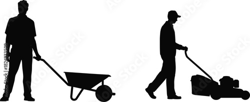 Silhouette workers with wheelbarrow and lawnmower, outdoor labor scene, gardening tasks, landscaping tools, yard maintenance, black isolated illustration for design use