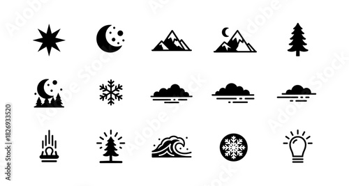 Minimal nature icons set featuring moon, mountains, and forest elements