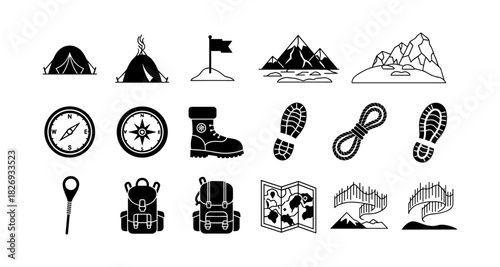 Outdoor adventure icons set: camping, hiking, climbing and exploration elements