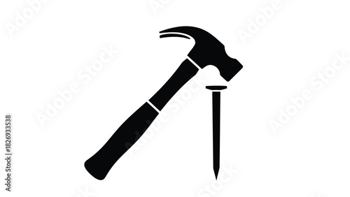 A minimalist, black and white line drawing of a hammer and nail
