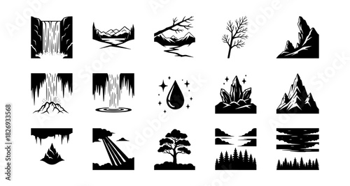 Nature silhouette collection: mountains, waterfalls, and trees