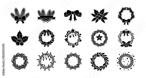 Silhouette christmas wreaths and decorative bows collection for holiday designs