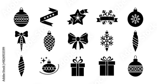Festive black and white holiday icons: bows, snowflakes, ornaments, and gifts