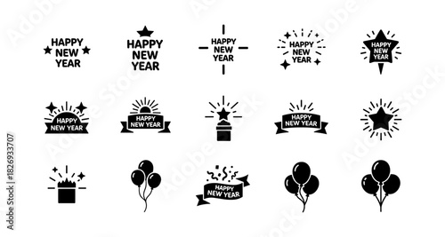 Happy new year celebration icons with balloons and fireworks