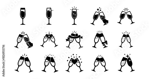 Celebratory champagne glasses icons: silhouette toasting designs for festive occasions