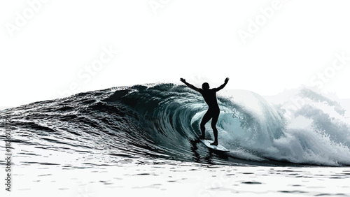 Silhouette of athletic surfer riding a large wave with arms raised in triumph, conveying freedom and skill, against a bright white sky, flat vector design, sticker design, isolated on white background