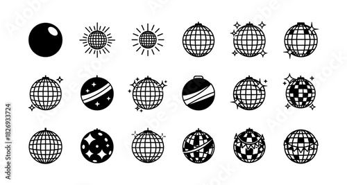 Retro disco balls: diverse icon set in minimalist black and white