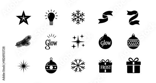 Minimalist winter holiday icons set featuring silhouettes and festive decorations