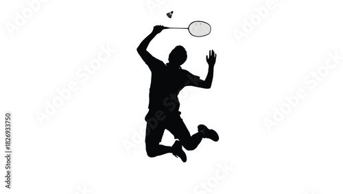 Silhouette of athletic man in sportswear jumping to hit shuttlecock with badminton racket, competitive sport, action shot, flat vector illustration, sticker design, isolated on white background