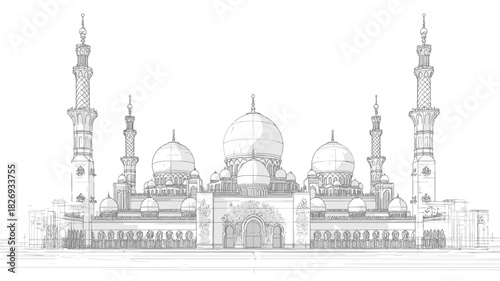 Architectural sketch of a grand mosque with multiple domes and minarets, Islamic building line art illustration