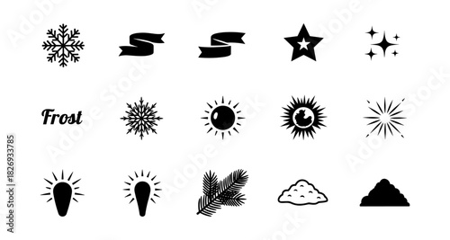 Collection of winter and holiday silhouettes: snowflakes, suns, and stars