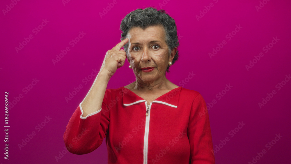 Fototapeta premium Senior woman with grey hair in red top gestures thoughtfully, pointing to her head against a vibrant pink background