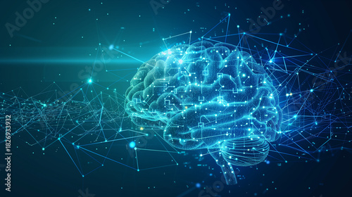 Cérebro digital iluminado com conexões tecnológicas, simbolizando inteligência artificial, inovação, aprendizado de máquina e redes neurais. Ideal para tecnologia e futuro digital