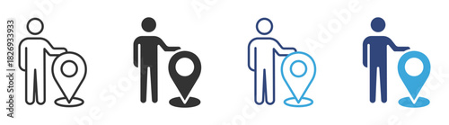 Location Pointer icon set, Person with Map Marker, Geolocation Identification and Position Indication concept icon, vector illustration.