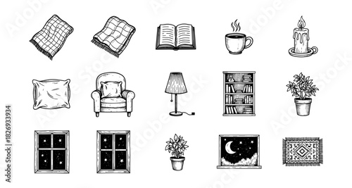 Cozy home elements in hand drawn style: pillows, books, lamps, and more