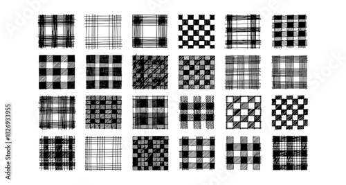 Set of seamless black and white checkered patterns with scribble texture