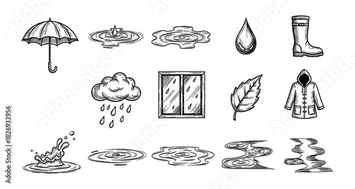 Hand drawn rainy weather elements with umbrella and raindrops