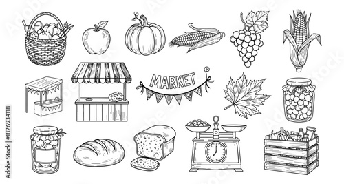 Hand drawn farmers market products with baskets, vegetables, and fruits in retro style