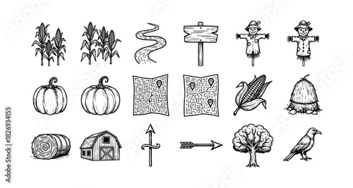 Rustic autumn icons collection featuring farm elements and nature