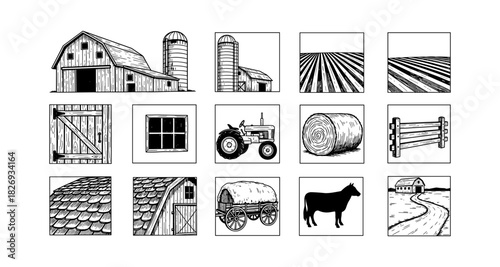 Rustic farm elements: barns, fields, and vintage agriculture icons