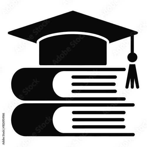 Black silhouette icon of a graduation cap resting on a stack of two thick books, symbolizing academic achievement and knowledge