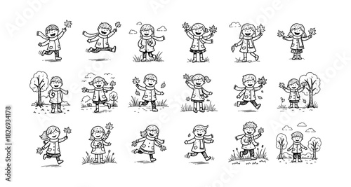 Charming hand drawn children playing with autumn leaves in black and white doodle style