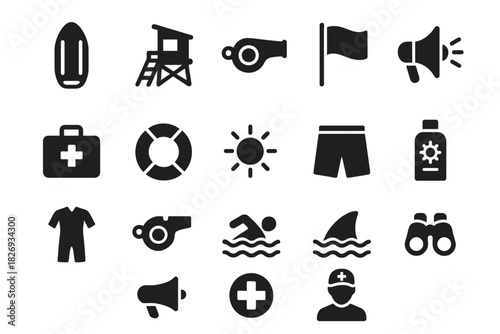 Beach safety icons: lifeguard, swim gear, first aid, sun protection