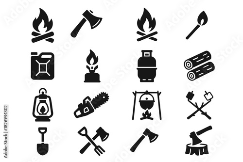 Camping equipment icons: fire, axe, lantern, chainsaw, logs, match, spade, jerrycan
