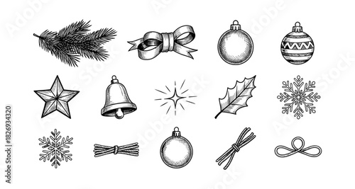 Hand-drawn holiday icons featuring baubles, stars, and bells for festive designs