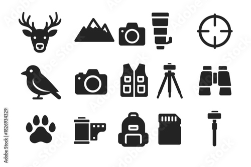 Wildlife photography icons: deer, camera, mountains, bird, equipment