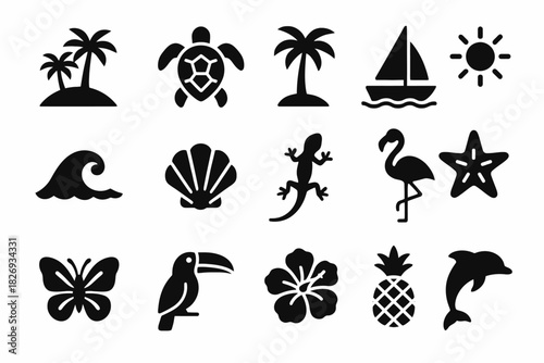 Tropical icons: palm trees, sea creatures, and island symbols in black silhouette
