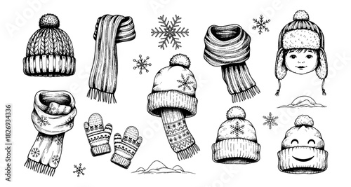 Hand drawn winter accessories collection: hats, scarves, and mittens