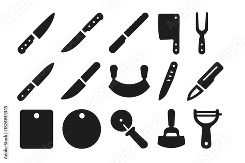 Set of kitchen utensils and knives icons in black silhouette design