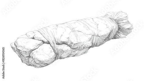 Monochromatic pencil sketch of a mysterious, elongated object tightly wrapped in cloth, resembling an ancient artifact or preserved specimen.
