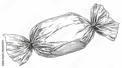 Hand-drawn sketch of a single wrapped candy, vintage style illustration in black and white, sweet treat drawing