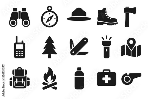 Set of camping icons featuring essential outdoor equipment in black silhouettes