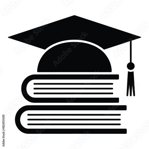 Black silhouette icon representing graduation, academic achievement, and learning with a mortarboard cap resting on a stack of two books, isolated on white background