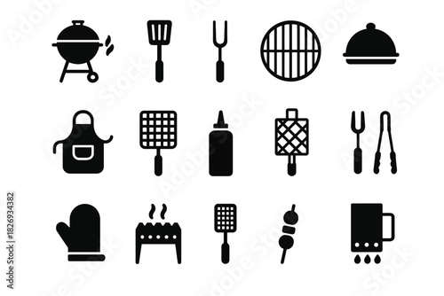 Barbecue tools and accessories icons set for grilling enthusiasts